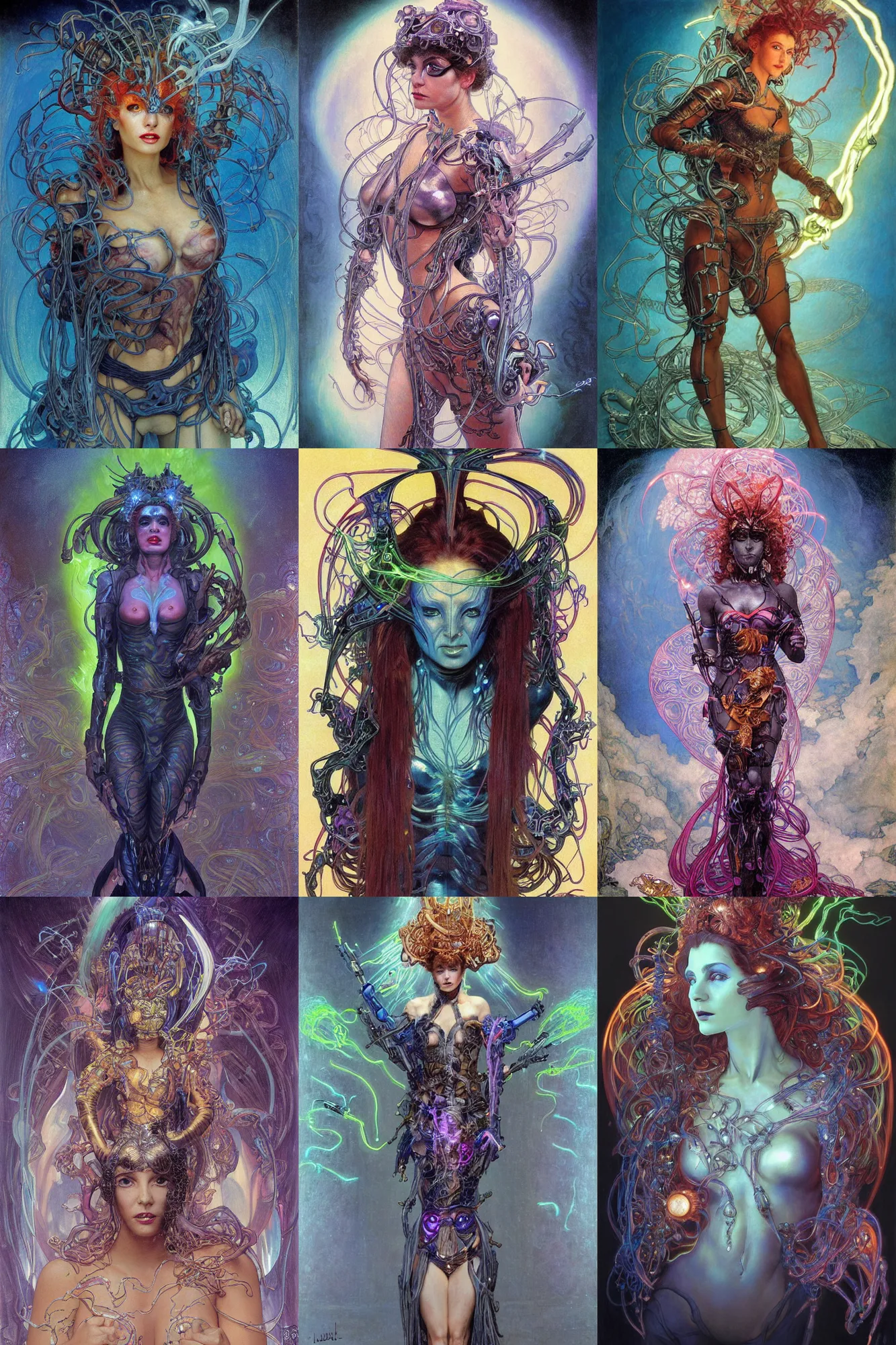 Prompt: awe-inspiring award-winning concept art full body face portrait painting of attractive anglerfish cyberpunk in neon shrouds as the goddess of lasers, sparks, by Julie Bell, Jean Delville, Virgil Finlay, Alphonse Mucha, Ayami Kojima, Amano, Charlie Bowater, Karol Bak, Greg Hildebrandt, Jean Delville, Frank Frazetta, Peter Kemp, and Pierre Puvis de Chavannesa, extremely moody lighting, glowing light and shadow, atmospheric, shadowy, cinematic, 8K,