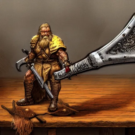 Prompt: a battle axe sitting on a table concept art, by Larry Elmore, realistic, detailed, trending on art station