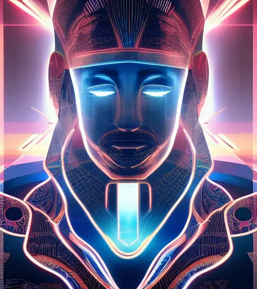 Image similar to symmetry!! egyptian prince of technology, solid cube of light, hard edges, product render retro - futuristic poster scifi, lasers and neon circuits, brown skin man egyptian prince, intricate, elegant, highly detailed, digital painting, artstation, concept art, smooth, sharp focus, illustration, dreamlike, art by artgerm