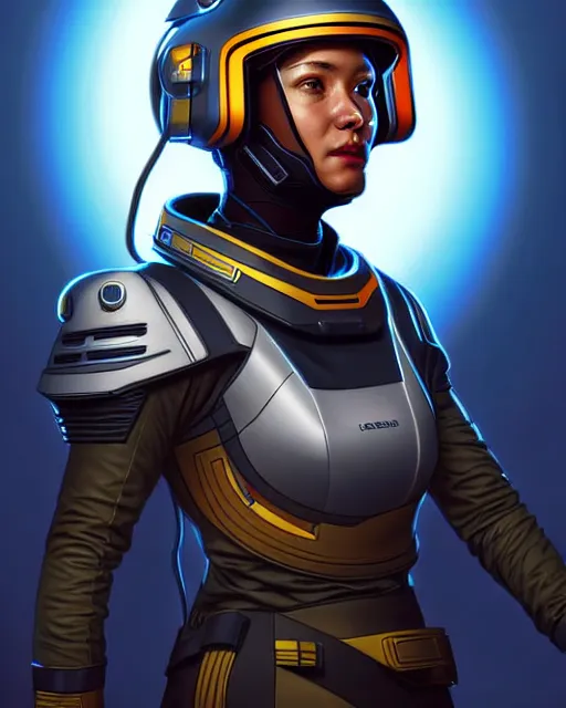 Image similar to portrait of a starship captain with a helmet as an apex legends character digital illustration portrait design 3 / 4 perspective, detailed, gorgeous lighting, wide angle action dynamic portrait