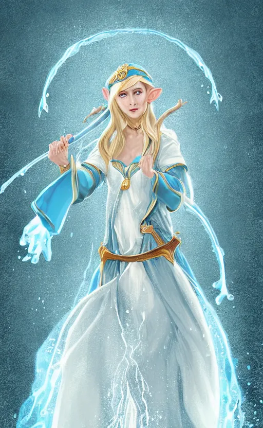 Image similar to elf female sorcerer doing water magic spells, blue robes, exquisite details, full body character design on a white background, by studio muti