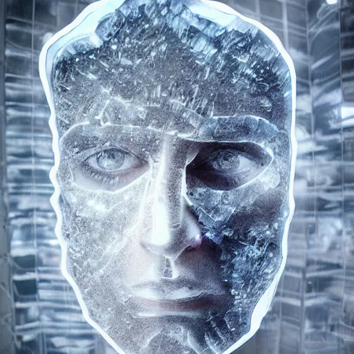 Image similar to man portrait made out of ice, beautiful, cyborg, comic book art, neon