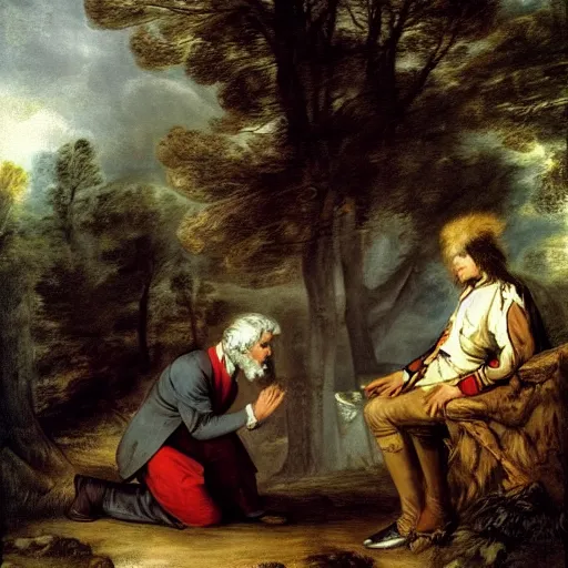 Prompt: gray-haired Abraham brings a knife to a teenage boy lying on an altar by Thomas Gainsborough, elegant, highly detailed, anthro