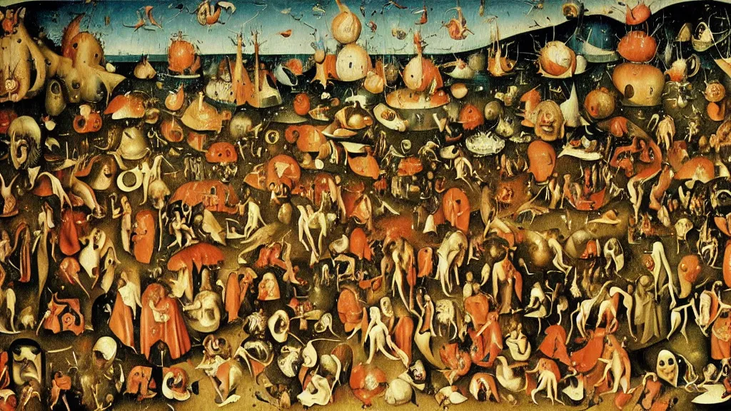 Image similar to a painting by “ hieronymus bosch ” of a closeup view of the cast of “ seinfeld ” being tormented and teased in “ the garden of earthly delights ” featuring kramer and george and newman and elaine and jerry. highly - detailed artwork.