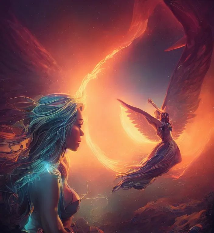 Image similar to centered waist up portrait photography an angel + glowing outlines, dissolve to energy particles of light + bokeh + strong DOF + 8k, photorealistic + composition by Peter Mohrbacher + line work by Dan Mumford , ultra realistic + backlit + strong rimlight, sunset + HDRI, HD, Photoreal