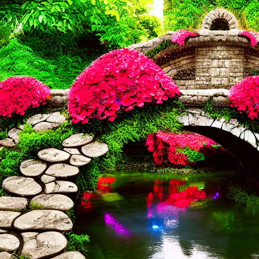 Prompt: an elaborate whimsical garden of hibiscus flowers growing over a stone bridge over a brook, hyperdetailed photograph, soft lighting, volumetric lighting, 4k