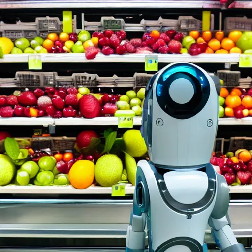 Prompt: a robot sorting fruit in a grocery store, film still, 8k, cinematic, alexa 65