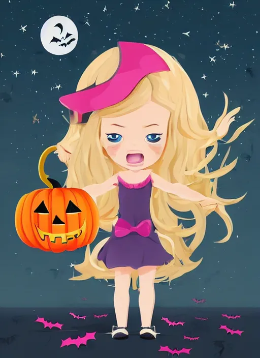 Image similar to three year old girl with long blonde hair in a halloween scene. she is carrying a candy bucket. clean cel shaded vector art. shutterstock. behance hd by lois van baarle, artgerm, helen huang, by makoto shinkai and ilya kuvshinov, rossdraws, illustration, art by ilya kuvshinov