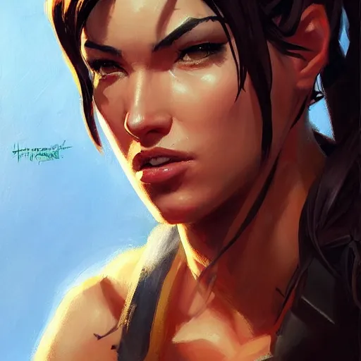 Prompt: greg manchess portrait painting of partially armored lara croft as overwatch character, close - up shot, asymmetrical, profile picture, organic painting, sunny day, matte painting, bold shapes, hard edges, street art, trending on artstation, by huang guangjian and gil elvgren and sachin teng