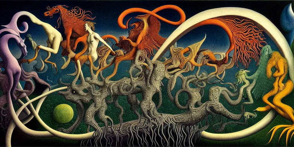 Image similar to mythical creatures and monsters in the imaginal realm of the collective unconscious, in a dark surreal painting by johfra, mc escher and ronny khalil