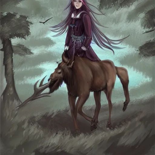 Image similar to girl in a dress riding a giant elk, trending on art station