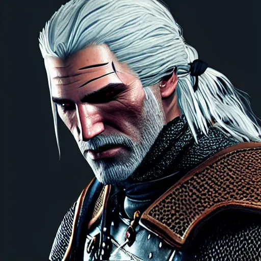 Prompt: geralt of rivia witcher, highly detailed, photorealistic portrait, bright studio setting, studio lighting, crisp quality and light reflections, unreal engine 5 quality render