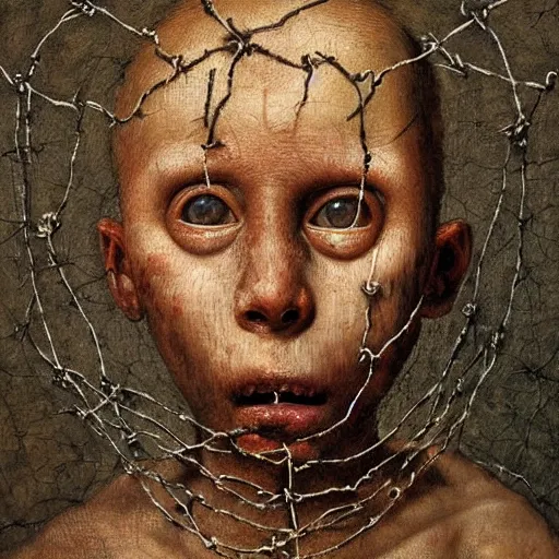 Image similar to a boy made of barbed wire looking into camera, screaming in pain, by giuseppe arcimboldo and ambrosius benson, renaissance, intricate and intense oil paint, a touch of beksinski and hr giger and edward munch, realistic