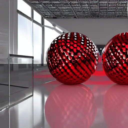 Prompt: chrome spheres on a red cube