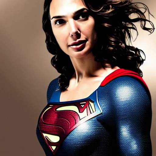 Image similar to an potrait of gal Gadot cast of movie man of steel and wearing a superman suit .