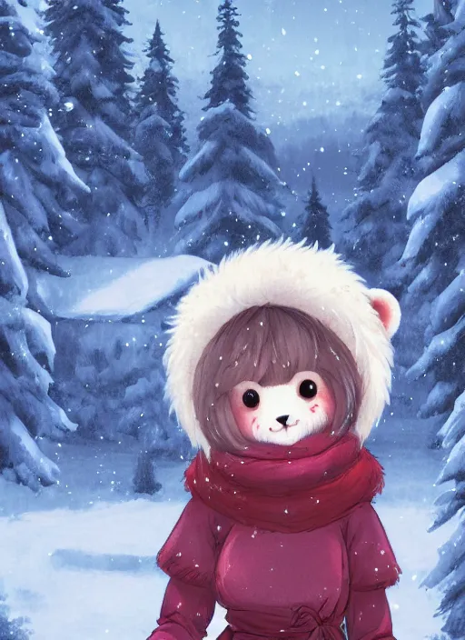 Image similar to character portrait of a female anthro polar bear fursona and a cute beautiful attractive detailed furry face wearing stylish cute winter clothes in a cozy winter cabin. hidari, color page, tankoban, 4K, tone mapping, Akihiko Yoshida.