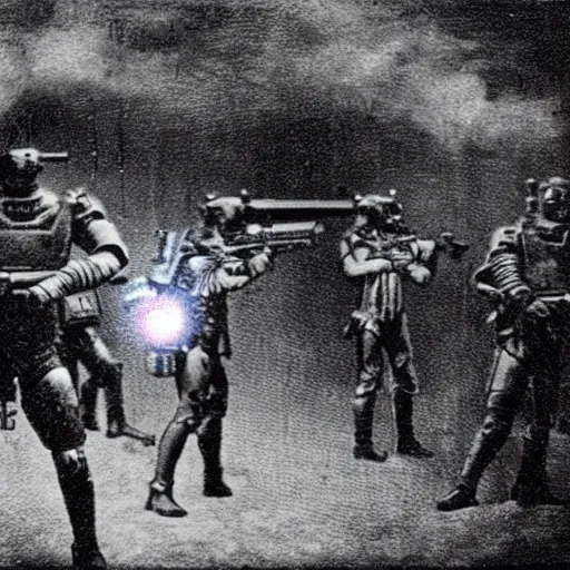 Image similar to grainy 1800s photo of a cybernetic warriors shooting civilians with laser weapons in a smoky city