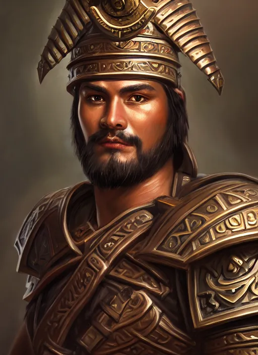 Image similar to smart tai warlord, closeup portrait, beardless, smooth - faced, historical hero, ethnic group, tai costume, bronze headdress, intricate, with leather armor cross on bare chest, elegant, loin cloth, highly detailed, oil painting, artstation, concept art, matte, sharp focus, illustration, hearthstone, art by earl norem