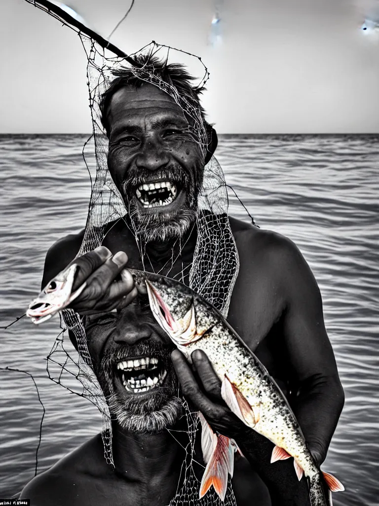 Image similar to an imperfect journalistic portrait of a fisherman, after he has caught a tokomak in his net. he grins proudly, baring his gargantuan razor sharp teeth like blades of a professional food processor