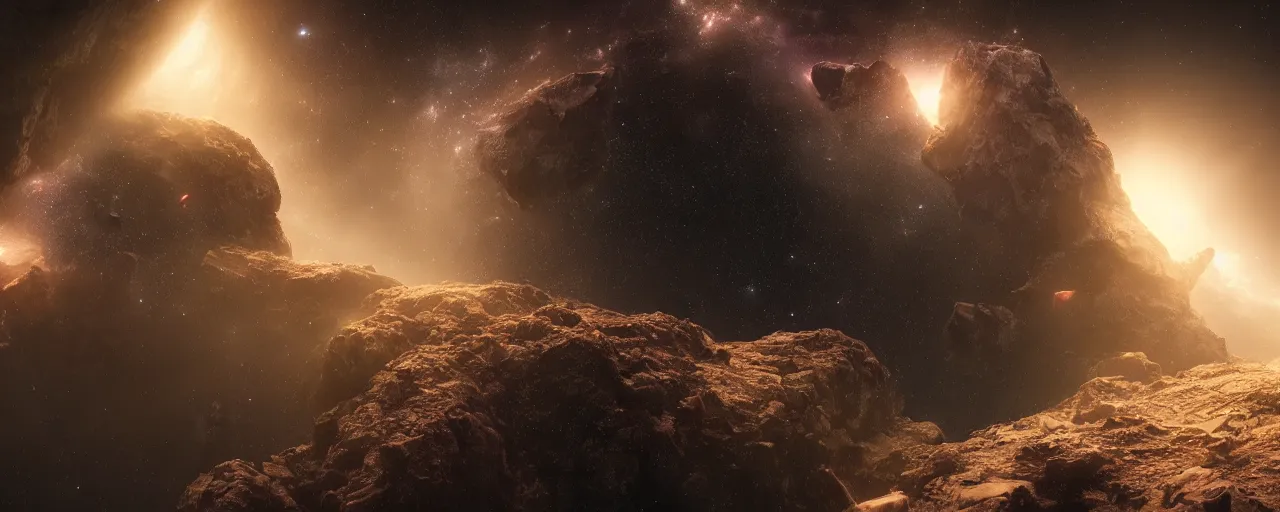 Image similar to movie still, thin galactic horizon, a dark epic galaxy, space scene, dark scifi, unreal engine, octane render, detailed and intricate, global illumination, volumetric lighting, hubble telescope images, james webb telescope images, houdini fluid simulation, detailed and intricate environment