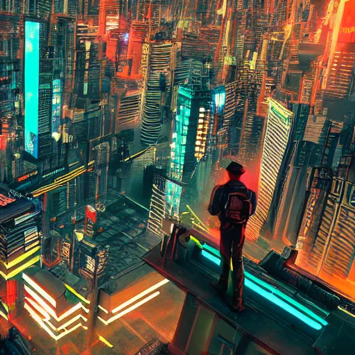 Prompt: Neon city, soldier standing on roof of large building, looking over city, Colorfull, cyberpunk, high detail, photo realistic, art station