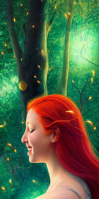 Image similar to infp young woman, smiling amazed, golden fireflies lights, amidst of nature fully covered, long loose red hair, intricate linework, bright accurate green eyes, small nose with freckles, oval shape face, realistic, expressive emotions, dramatic lights spiritual scene, hyper realistic ultrafine art by artemisia gentileschi, jessica rossier, boris vallejo