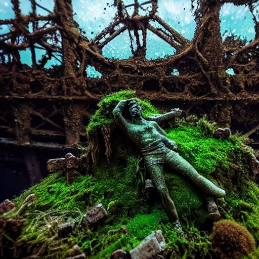 Prompt: Postapocalyptic ruins, Nicolas Cage underwater mossy old statue, ruins, photo, dark, kelp and moss all over, bottom of ocean, far shot, deep ocean, bottom of ocean, dark, 35mm, fish, underwater landscape, 4k, detailed, photorealistic, photo, Atlantis, underwater camera, fish, fish, fish