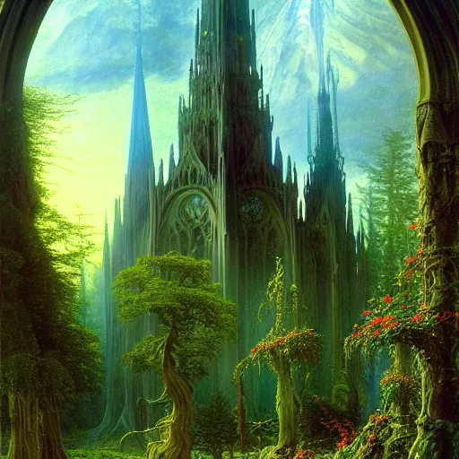 Prompt: a beautiful and highly detailed matte painting of an elven cathedral in a magical celtic forest, otherworldly trees and plants and flowers, detailed spires, by caspar friedrich, albert bierstadt, james gurney, brian froud,