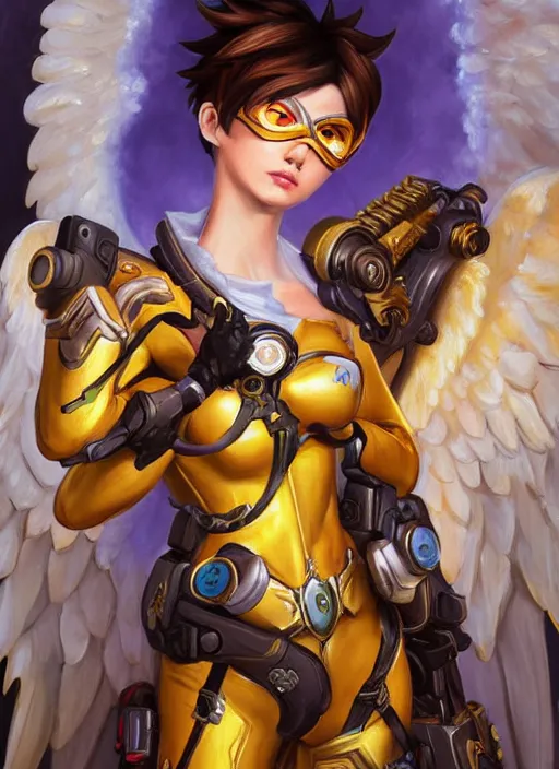 Image similar to full body oil painting of tracer overwatch in the style of sophie anderson, angel wings, angelic golden armor, dramatic painting, symmetrical composition, ornate, high detail, gold detailed collar, blooming, lights, flowers, detailed face,