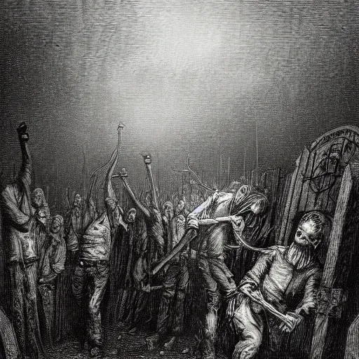 Image similar to 9 steel barrels in a graveyard, 2 zombies, creepy atmosphere, dark, portrait, realistic, illustration by gustave dore