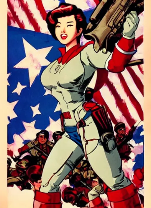 Image similar to asian female captain america standing on a pile of defeated ss soldiers. feminist captain america wins ww 2. american ww 2 propaganda poster by masamune shirow and pixar. gorgeous face. pin up. overwatch.