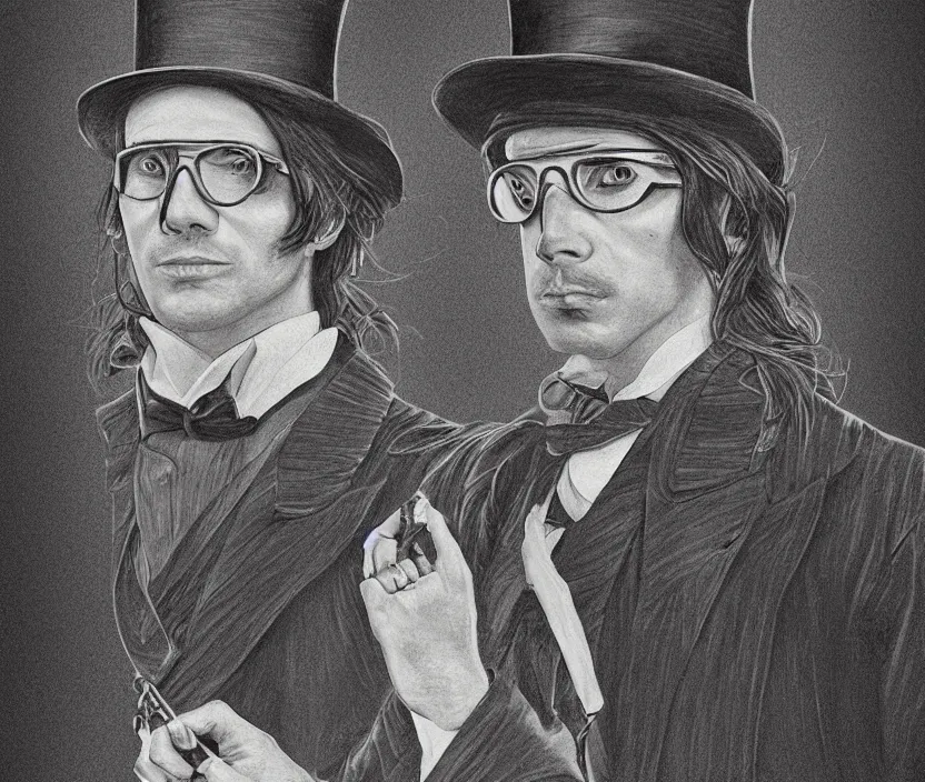 Prompt: The head and upper body of a man with dark medium length longish hair and a middle part, while wearing a top hat and goggles, steampunk, very nostalgic, very melancholic, dramatic angle, rotoscoped, rotoscope, photoshop, photomanipulation, realism, painting, illustration and sketch, weird scribbles, hybrid styles, hybrid art styles, mismatched, trending on artstation, trending on deviantart, weird, quirky, interesting, very detailed, highly detailed, HD Quality, 4k resolution, 8k resolution, in the style of David Firth, in the style of James Lee, in the style of Drue Langlois,