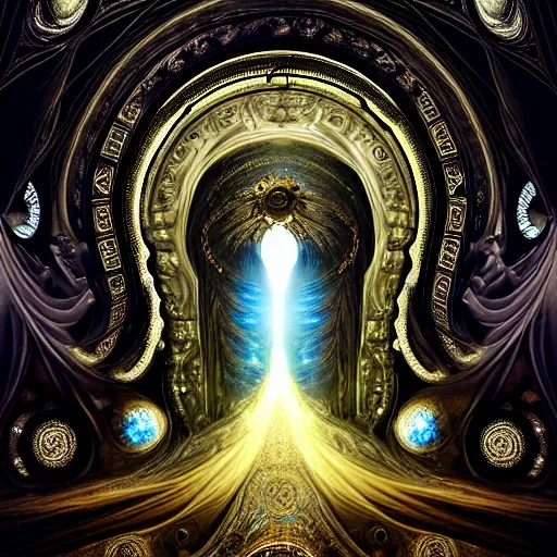 Prompt: majestic portal to another dimension, turbulent image of different time space, filigree details, divine lights, ethereal, sci fi, high detail, intricate, giger and klimt, photo realistic, 8 k