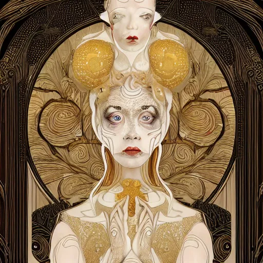 Image similar to a beautiful girl made of ivory and gold, highly intricate, digital art, very detailed, in the style of a weird and dark eerie liminal art nouveau flemish painting, 8k, octane render