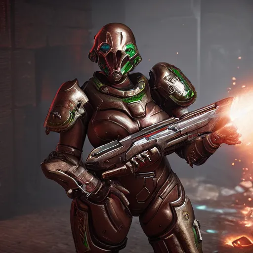 Image similar to female doom slayer extreme details epic dramatic realistic unreal engine render