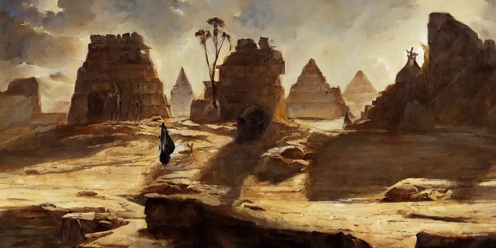 Image similar to beautiful landscape oil matte painting, of ancient egyptian giant satue of anubis, art by anders zorn, wonderful masterpiece by greg rutkowski, beautiful cinematic light, american romanticism, by thomas lawrence, greg rutkowski