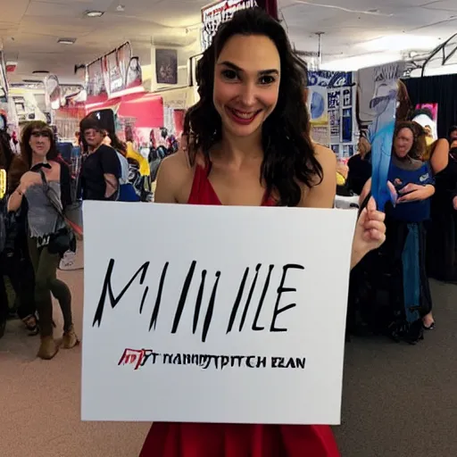 Image similar to Gal Gadot holding a sign that says M I T C H I E P O O !!!! as painted by Ralph Horsley