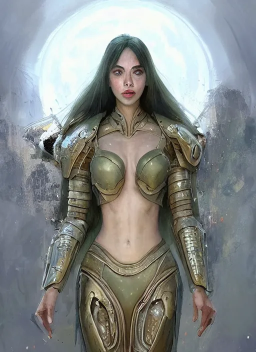 Image similar to a professional painting of a beautiful young female alien, clothed in ethereal armor, olive skin, long dark hair, beautiful bone structure, symmetrical facial features, intricate, elegant, digital painting, concept art, smooth, sharp focus, illustration, from Valerian and the City of a Thousand Planets, by Ruan Jia and Mandy Jurgens and Artgerm and William-Adolphe Bouguerea