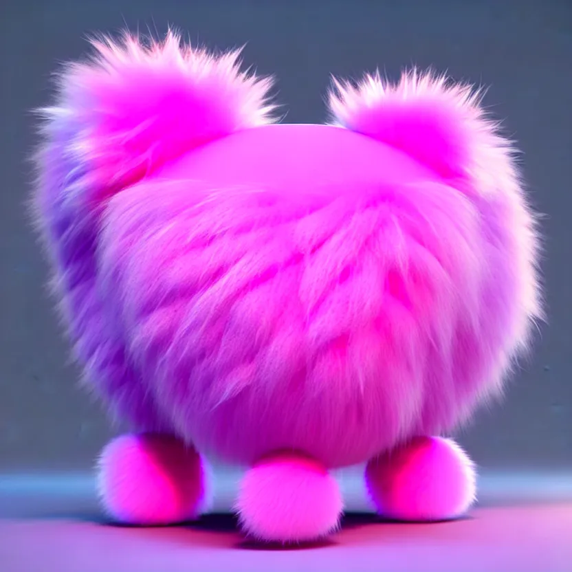 Image similar to high quality 3 d render hyperrealistic very cute pink big spherical creature, plush mascot, short spiky dense fluffy smooth hair, isometric 3 d, psychedelic lighting pink fluffy fur, 1 5 0 mm, beautiful natural soft light, rim light, smooth background, artstation, ultra detailed, elegant, ultra detailed, metallic armor, octane render