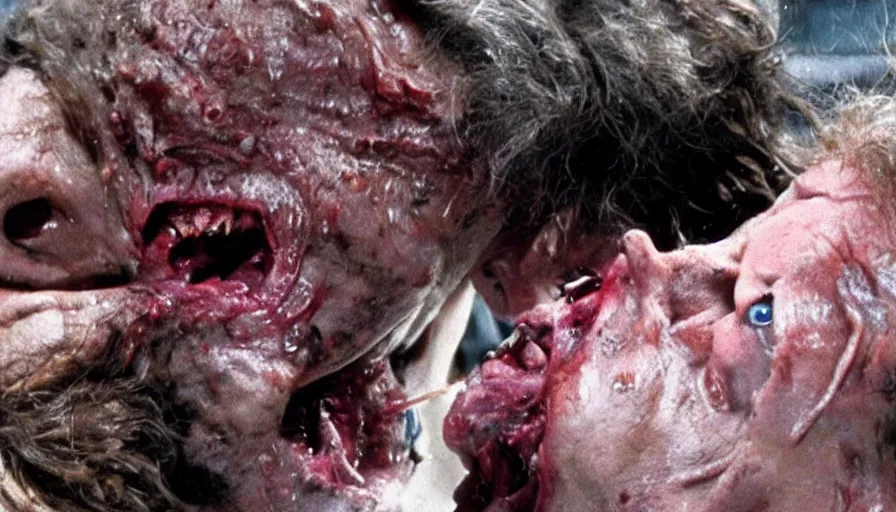 Image similar to a disgusting vile monster eating a man from The Thing, by Cronenberg and greg nicotero