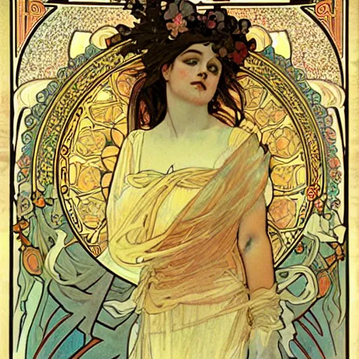 Image similar to persephone as godess of death, painted by alphonse mucha