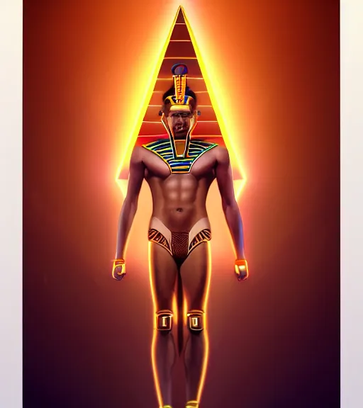 Image similar to symmetry!! egyptian god of technology, solid cube of light, hard edges, product render retro - futuristic poster scifi, lasers and neon circuits, brown skin handsome egyptian god, intricate, elegant, highly detailed, digital painting, artstation, concept art, smooth, sharp focus, illustration, dreamlike, art by artgerm