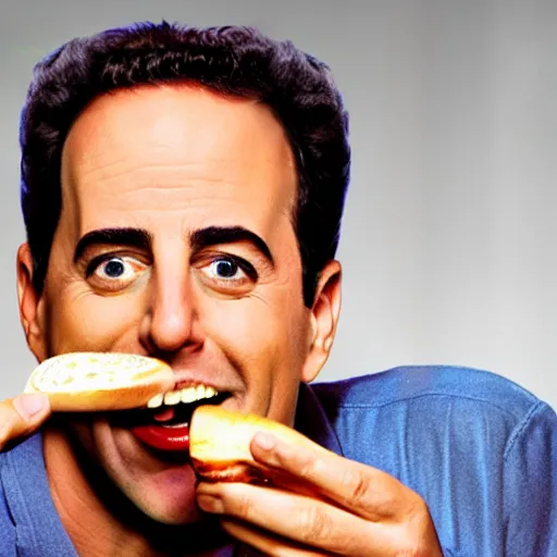 Image similar to hyper realistic portrait of jerry seinfeld eating a disgustingly juicy hamburger