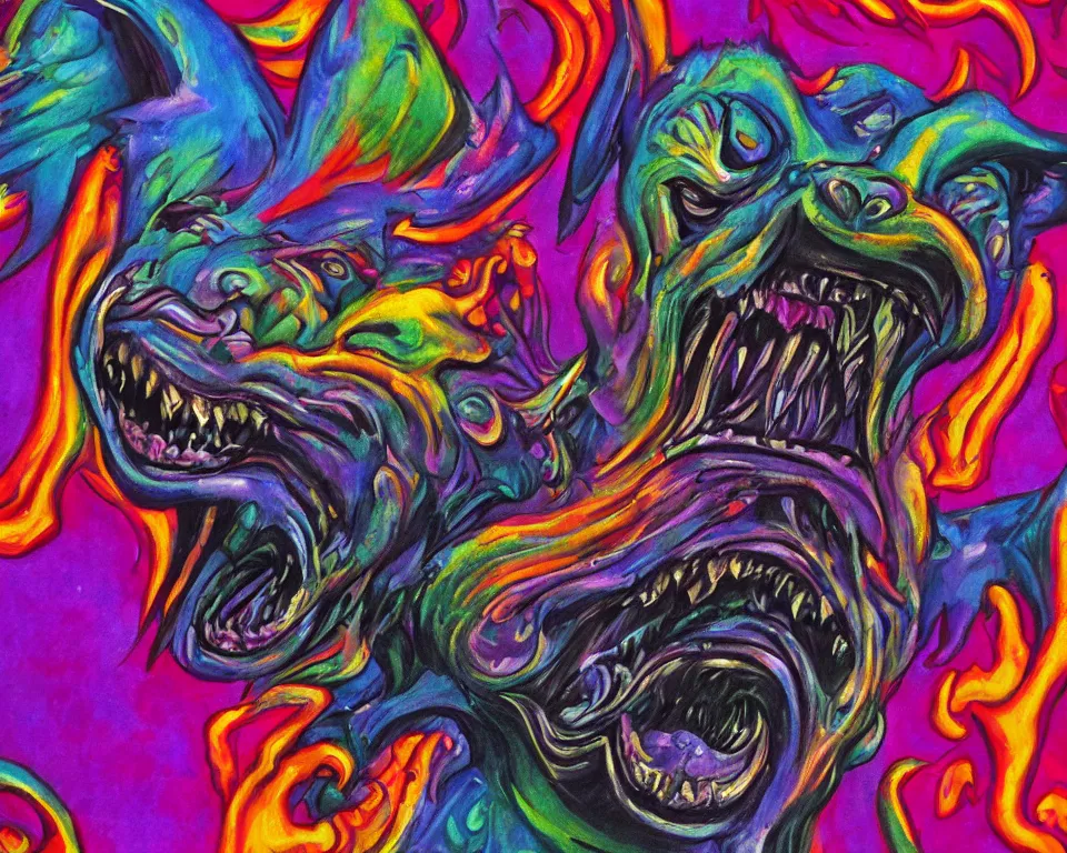 Prompt: A demonic dog with three eyes, roaring with an open mouth by Georgia O’Keeffe and Giger and Lisa Frank, vivid colors, trending on artstation, ornate, highly detailed, 8k, cinematic, rack focus