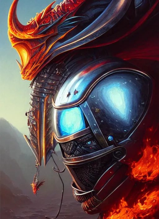 Image similar to highly detailed portrait of knight's helmet reflecting red dragon reflection detailed, 8 k blocking flames fire, green eyes, fantasy art by by simon bisley, loish, rhads, ferdinand knab, and lois van baarle, ilya kuvshinov, rossdraws, tom bagshaw, global illumination, radiant light, detailed and intricate environment