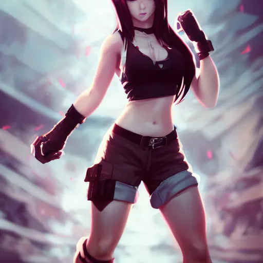 Image similar to full body shot of tifa lockhart by wlop, rossdraws, mingchen shen, bangkuart, sakimichan, yan gisuka, jeongseok lee, artstation, 4k