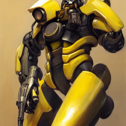 Image similar to greg manchess portrait painting of bumblebee the transformer as overwatch character, medium shot, asymmetrical, profile picture, organic painting, sunny day, matte painting, bold shapes, hard edges, street art, trending on artstation, by huang guangjian, gil elvgren, ruan jia, greg rutkowski, gaston bussiere