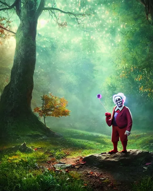 Prompt: old clown in enchanted forest, prismatic highlights, atmosphere, gorgeous, depth of field, cinematic, macro, concept art, 50mm, artstation, wlop, elegant, epic, weta digital, focus, octane render, v-ray, 8k, kodak portra, art by Asaf Hanuka