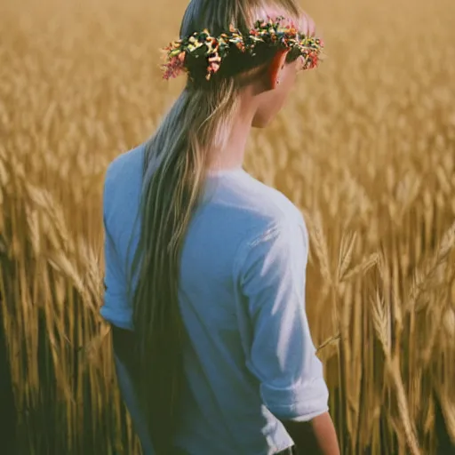 Prompt: lomography color 4 0 0 photograph of a skinny blonde guy standing in a field of wheat, flower crown, back view, golden ratio, light leak, grain, moody lighting, telephoto, 9 0 s vibe, blurry background, vaporwave colors!, faded!,