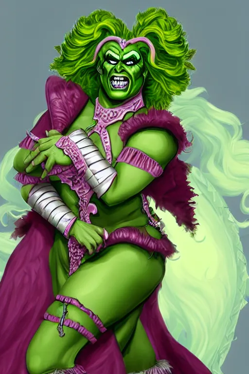 Prompt: d&d character artwork of a green-skinned orc drag queen, drag queen orc in frilly rococo ballgown and wearing a huge rococo powdered wig